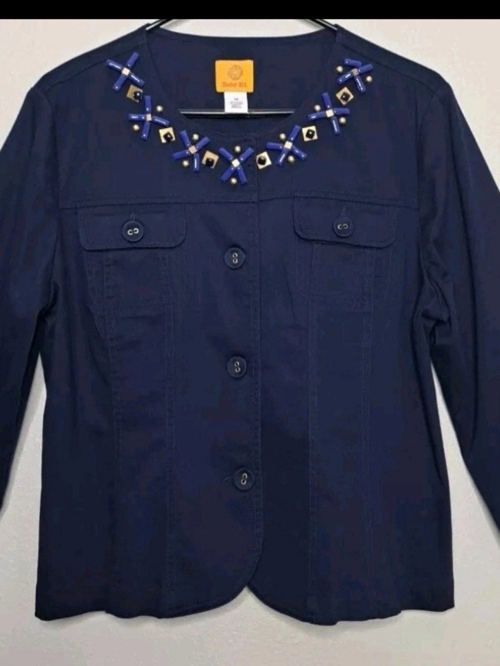 Ruby Rd Blazer Jacket Navy Jeweled Long Sleeve Art To Wear Preppy Sz 14